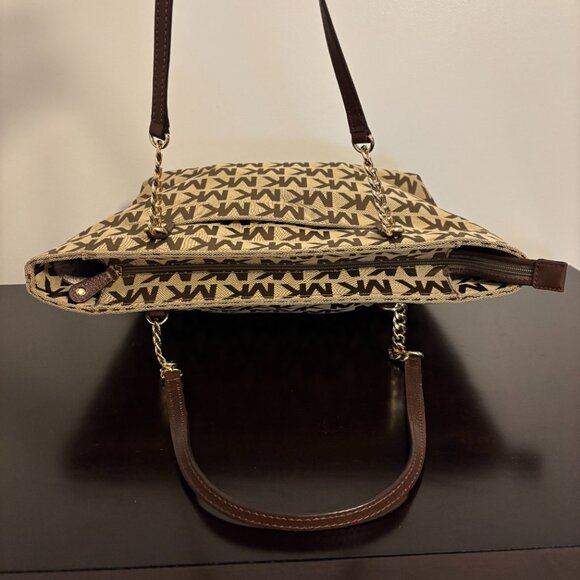 Michael Kors Jet Set Signature Tan Brown Gold Chain Handle Tote Bag - Picture 8 of 14